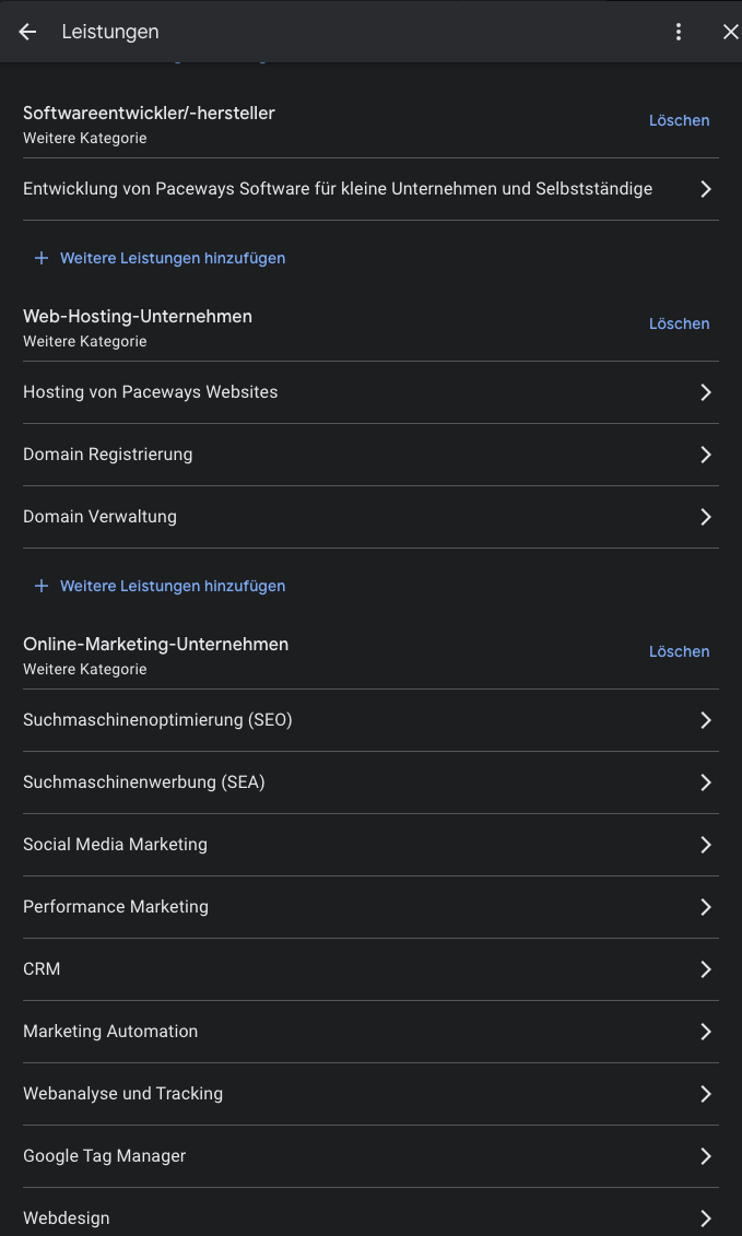 Google Unternehmensprofil Dienstleistungen