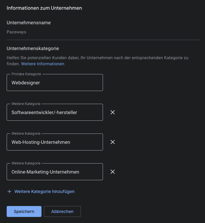 Google Unternehmensprofil Kategorien